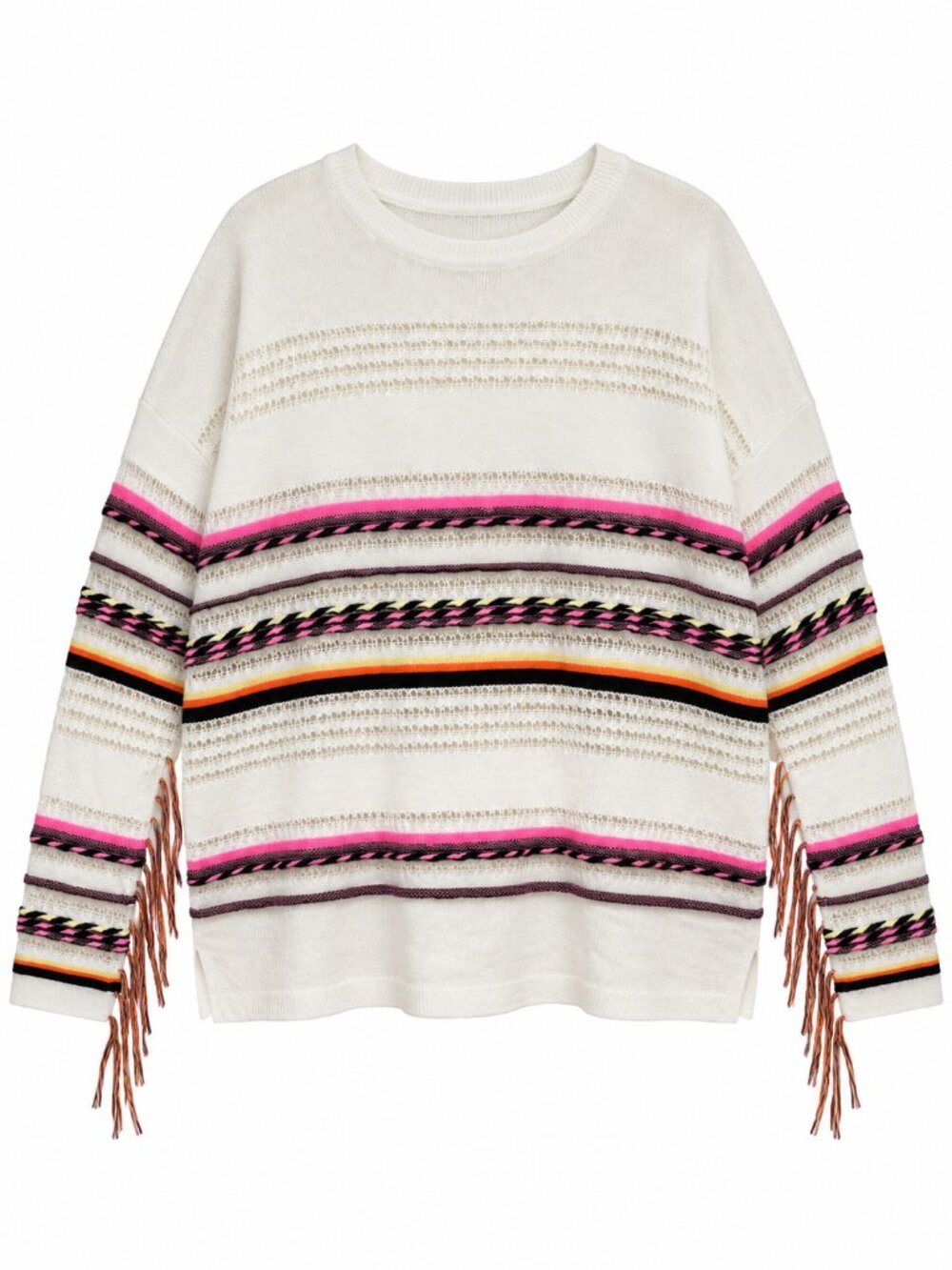John + Jenn White Colorful-Stripe Fringe Sweater - S/P